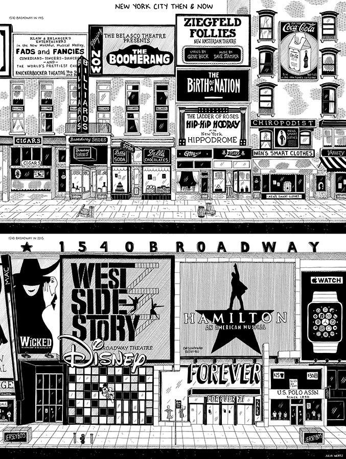 Cityscape Prints Art Julia Wertz Broadway Then & Now - 18x24