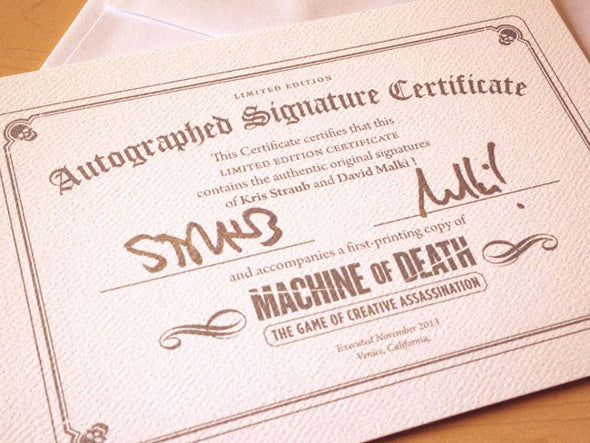 Machine of Death Game Signature Certificate Certificates Machine of Death